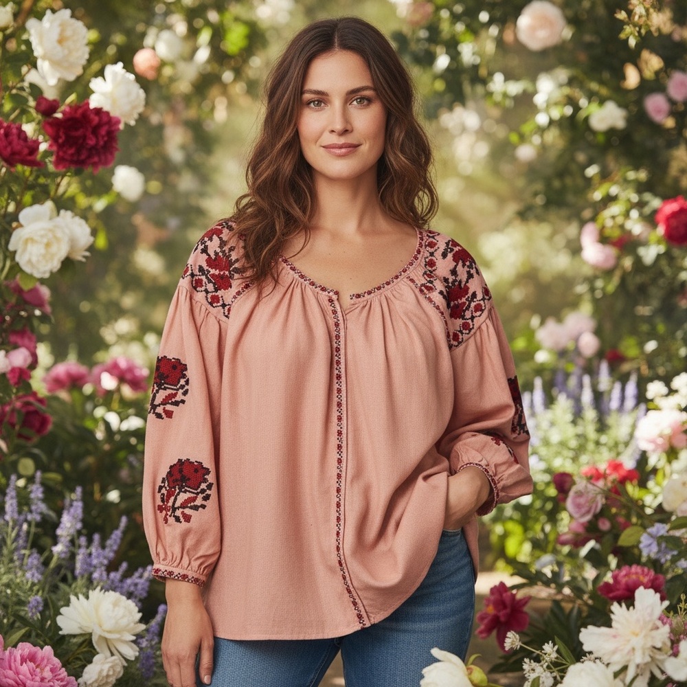 Peachy Pink Peasant Blouse With Cross-stitched Folk Art Flowers Vyshyvanka Top